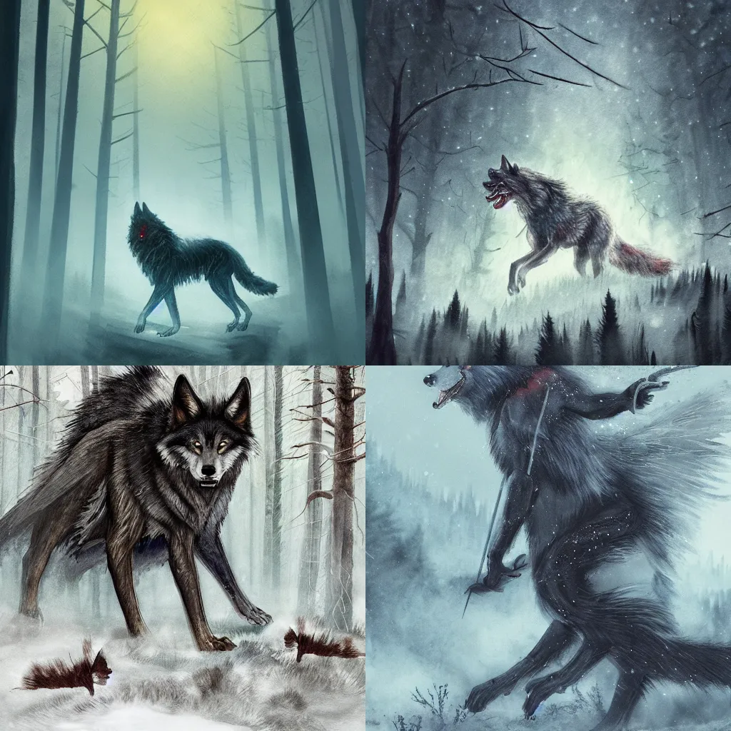 Prompt: digital illustration, fantasy, massive spirit wolf with arrows sticking out of its back, hunting, glowing eyes, pine forest, winter, dark, atmospheric, moody, cinematic lighting, watercolors, deep color, nature documentary, David Attenborough, trending on artstation, intricate detail, hires