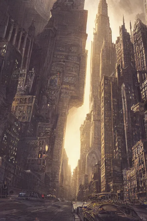 Prompt: gigantic city, adorned pillars, towers, landscape, alex ross, neal Adams, david finch, concept art, matte painting, highly detailed, rule of thirds, dynamic lighting, cinematic, detailed, denoised, centerd