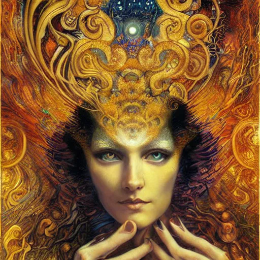 Image similar to Divine Chaos Engine by Karol Bak, Jean Deville, Gustav Klimt, and Vincent Van Gogh, beautiful visionary mystical portrait, sacred, otherworldly, fractal structures, ornate gilded medieval icon, third eye, spirals, handless, no hands