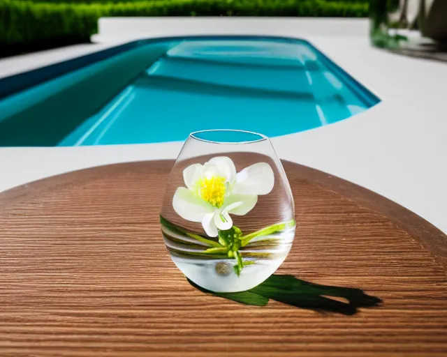 Prompt: 5 5 mm photo of best glass of whitewineglass with flower on a zen minimalist round white table with gorgeous pool in the background. highly detailed 8 k. intricate. lifelike. soft light,