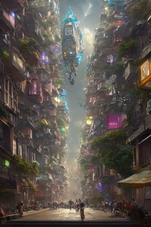 Prompt: ultra realistic illustration and highly detailed digital render of a busy street inside a fractal city in style of solarpunk, levitating high tech boats drive in the sky by greg rutkowski and kinkade, highly detailed, vibrant and vivid, smooth, cinematic, high contrast, hdr, 4 k, trending on artstation, unreal engine, hyperrealistic