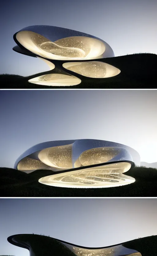 Image similar to villa parametric rhizomorph architecture fluid design, vincent callebaut well - defined style, ultra detailed, monochromatic, natural lighting, volumetric lighting, generative art nebula, cinematic, photo realistic, hyper real, surreal design, flow everywhere, walls made of crystal clear water, droplets on the walls, black metal, magnesium, 8 k,