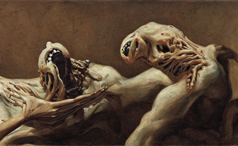 Image similar to a teratoma in the middle of a museum room realizing that he has consciousness his misshapen face expresses horror painted by edward hooper and goya