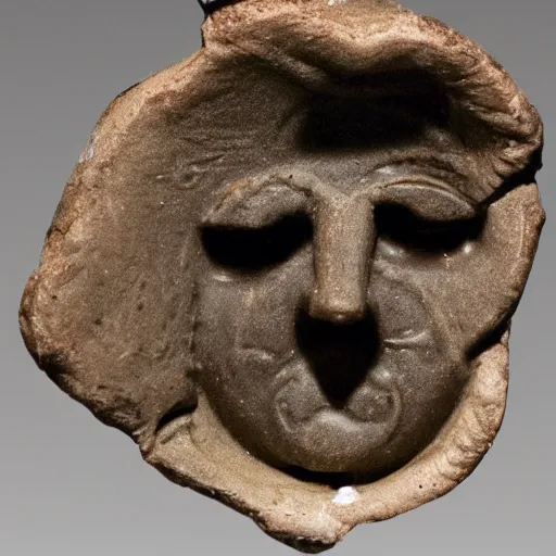 Prompt: a creepy face on a shard of roman pottery