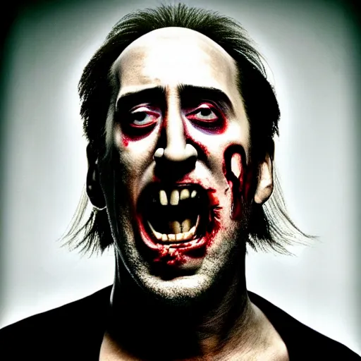 Image similar to uhd candid photo of zombie nicholas cage ranting maniacally on skid row. correct face, intricate details, hyperdetailed, accurate face. photo by annie leibowitz