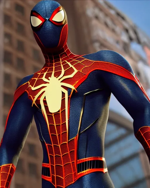 Image similar to photorealistic, hyperdetailed photograph of black spider - man suit with gold webbing by insomniac games