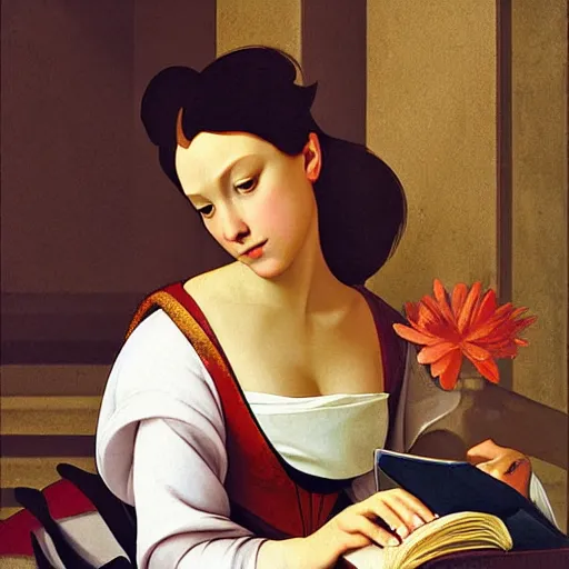 Prompt: Disney Princess reading a book. Painted by Caravaggio, high detail