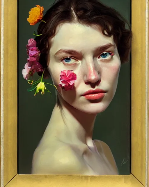 Image similar to portrait of a woman with flowers, may wilson, filonov, beautiful face, octane rendering