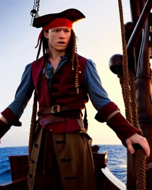 Image similar to film still of tom holland as a pirate, standing on the mast, cinematic lighting, sharp focus, highly detailed attributes and atmosphere