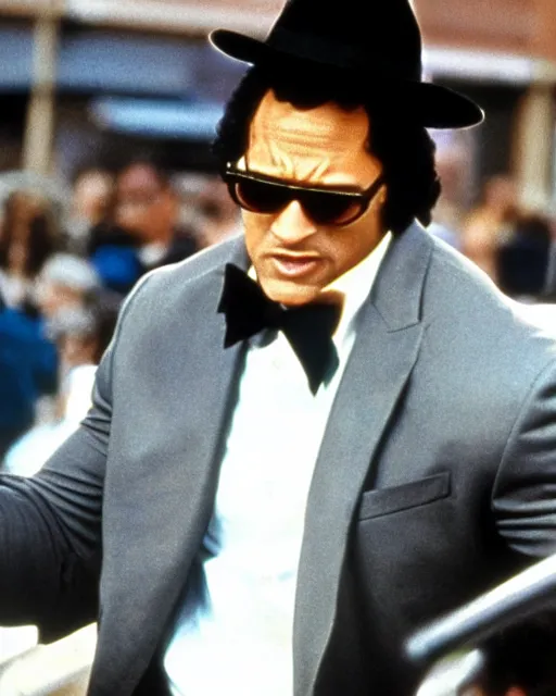 Prompt: film still close up shot of dwayne johnson in the movie the blues brothers. photographic, photography