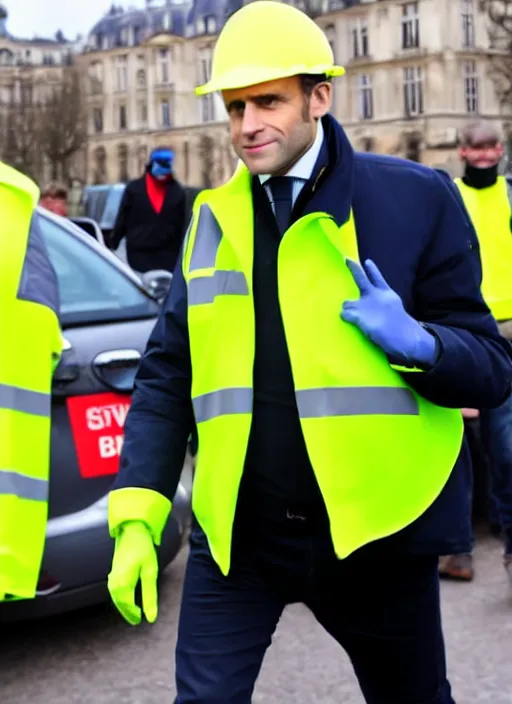 Image similar to macron wearing hivis coat, hard hat and rubber gloves