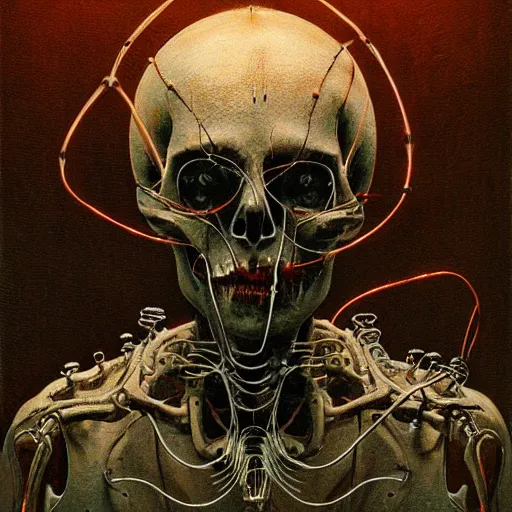 Prompt: horrific cyborg, horror movie lighting, exposed skull and wires, beksinski art style,