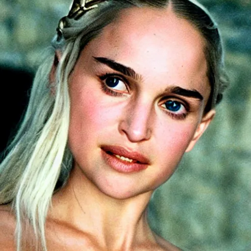 Prompt: a selfie of daenerys targaryen played by a young natalie portman with smooth skin and light violet eyes, ethereal, medium shot, detailed eyes, vivid, golden hour