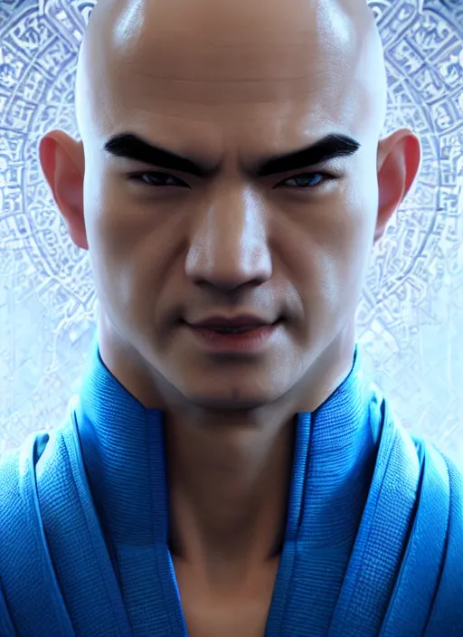 Image similar to male martial artist with a mostly shaved head and a high ponytail!!! asian facial features and blue eyes!! intricate ornate blue robes!! character concept art, sharp focus, octane render! unreal engine 5! highly rendered!! trending on artstation!! detailed linework!! illustration by artgerm, wlop, and chie yoshii