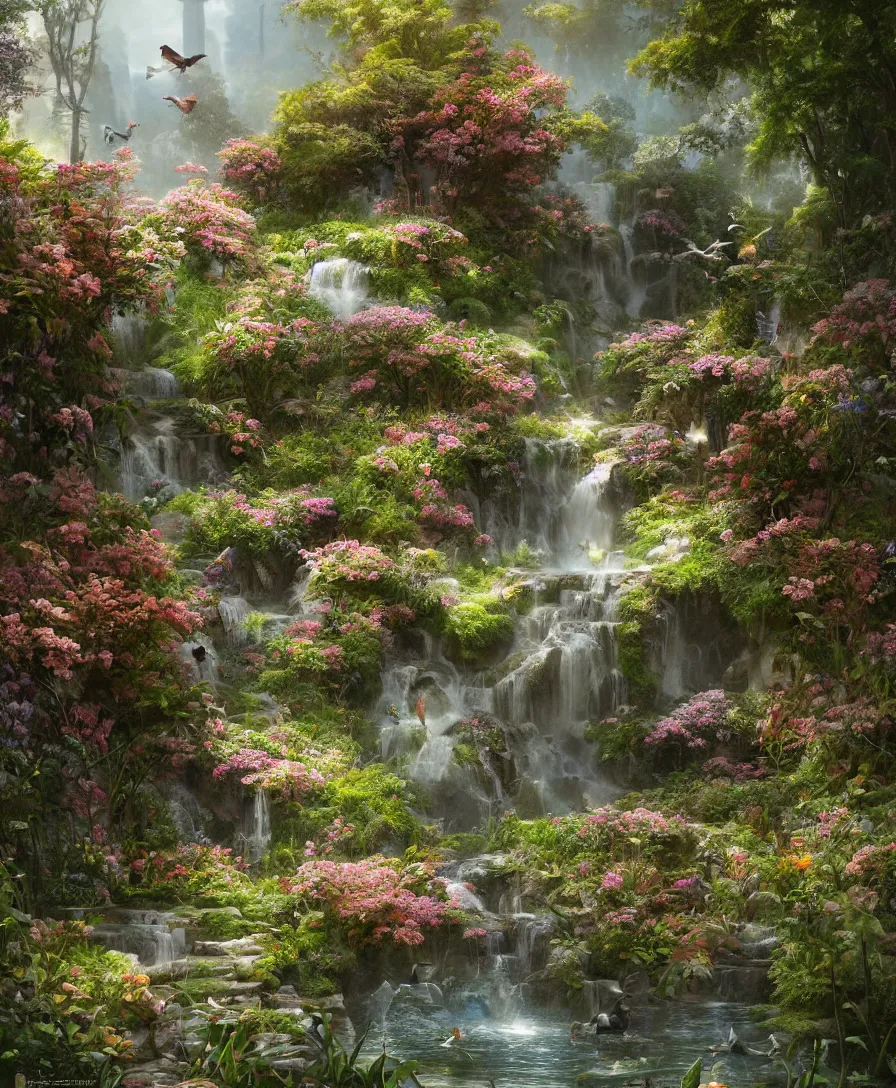 Image similar to Hyperrealistic Secret flower garden, water source, birds, fantasy, highly detailed, digital painting, trending artstation, concept art, illustration, art by Greg Rutkowski, octane render