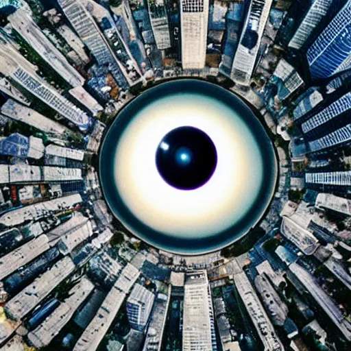 Prompt: Gigantic Eyeball in the center of a city