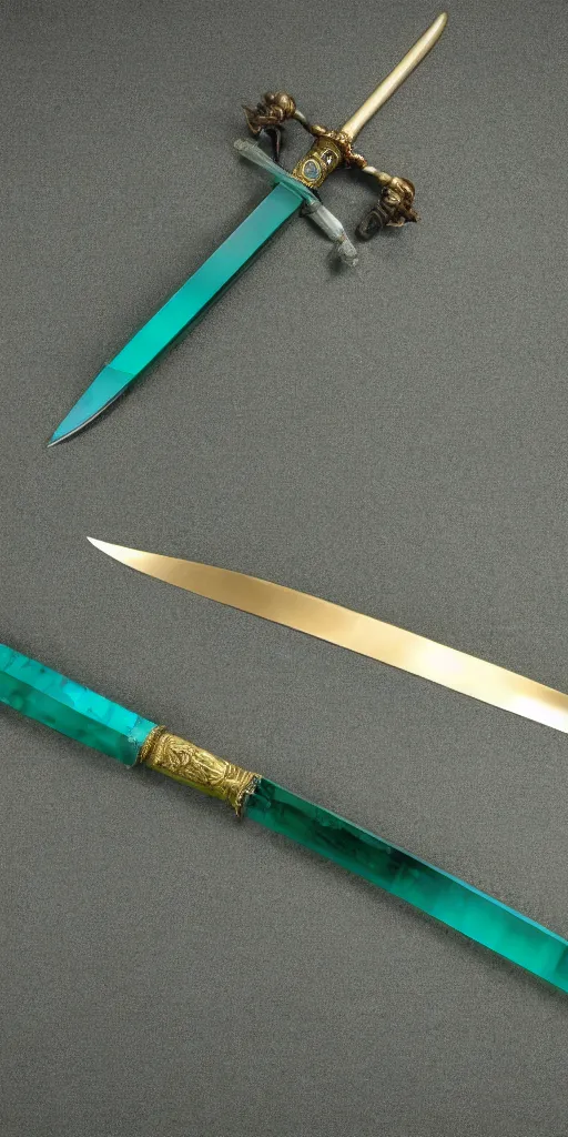 Image similar to photograph of a wide green and teal crystal double - edged sword blade attached to a big gold sword hilt