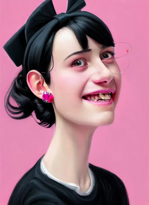 Image similar to portrait of high school girl, realistic, black hair, bangs, half updo hairstyle, pointy nose, skinny, smile, ugly, defined jawline, big chin, pink hair bow, earrings, intricate, elegant, glowing lights, highly detailed, digital painting, artstation, sharp focus, illustration, art by wlop, mars ravelo and greg rutkowski