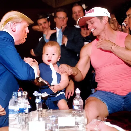 Prompt: Donald Trump arm wrestling a baby, paparazzi