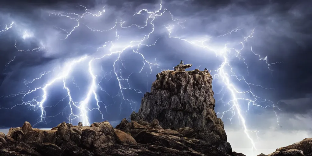 Image similar to god of thunder shooting lightning from his fingertips standing upon a rocky high mountain, surrounded by thunderclouds and lightning, dark, bright lighning, very detailed, 4 k