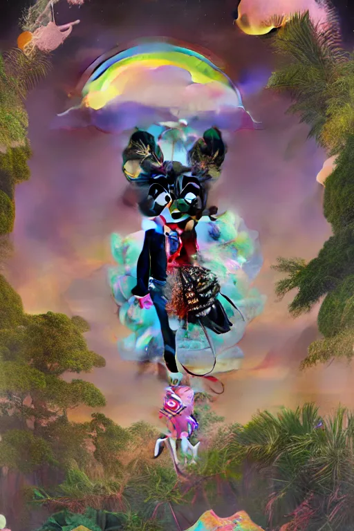 Image similar to Ethereal safari landscape with a pink rainbow sky under a god moonstone, black leather and embroidered Lolita dapper bespoke avant-garde tuxedo in velvet, black and gold rich color, dramatic cinematic lighting, featured on Artstation, extremely detailed by Lisa Frank