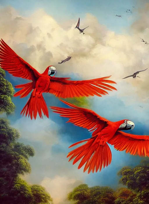 Image similar to a beautiful painting of two macaws flying over the amazon jungle, matte painting, fantasy art, ayahuasca, highly detailed