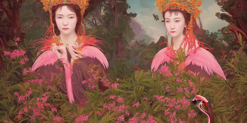 Image similar to breathtaking detailed concept art painting of the goddess of flamingo, orthodox saint, with anxious, piercing eyes, ornate background, amalgamation of leaves and flowers, by Hsiao-Ron Cheng and John James Audubon, extremely moody lighting, 8K