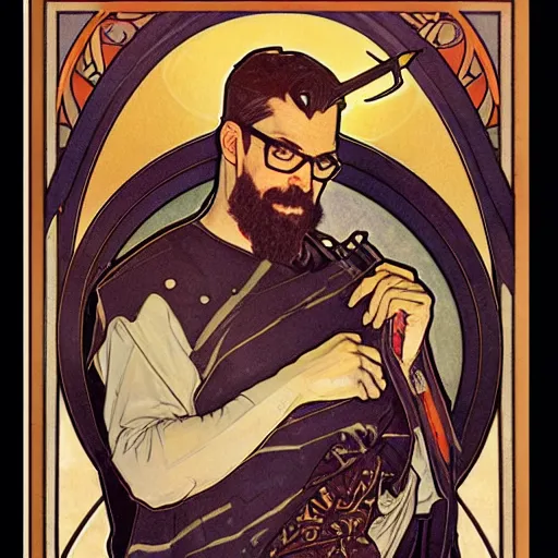 Prompt: gordon freeman portrait by louis - theophile hingre and alphonse mucha, realistic, sharp focus, zodiac signs, tarot cards, planets, ethereal, art nouveau, magic, moon, sun, crown, dreamy, royal, jewellery