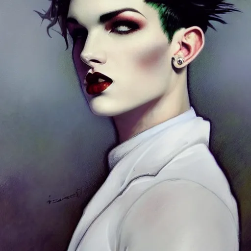 Image similar to beautiful portrait of androgynous ruby rose as desire from sandman in a white tuxedo!!!, rockabilly style, by alphonse mucha, cedric peyravernay, by jeremy mann, by frank moth, white suit and black tie, soft lightning, high detailed, 8 k