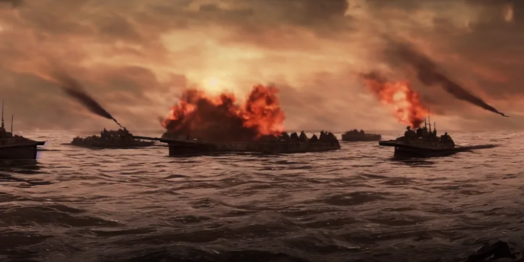 Image similar to a photorealistic film still from dunkirk by roger deakins - a destroyed city, 3 5 mm lens, early morning, dramatic lighting, cinematography, sunset red and orange, cinematic, global illumination, highly detailed, photorealistic