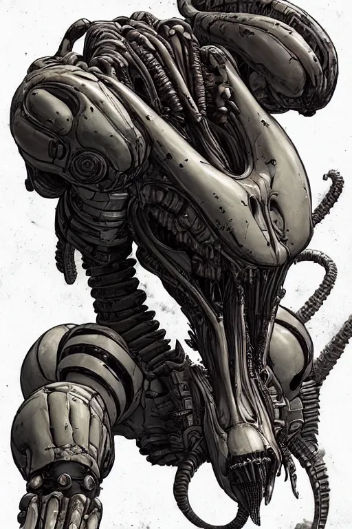 Prompt: a study of cell shaded portrait of a Xenomorph mech as Borderlands 3 concept art, llustration, post grunge, concept art by josan gonzales and wlop, by james jean, Victo ngai, David Rubín, Mike Mignola, Laurie Greasley, highly detailed, sharp focus, alien, Trending on Artstation, HQ, deviantart, art by artgem