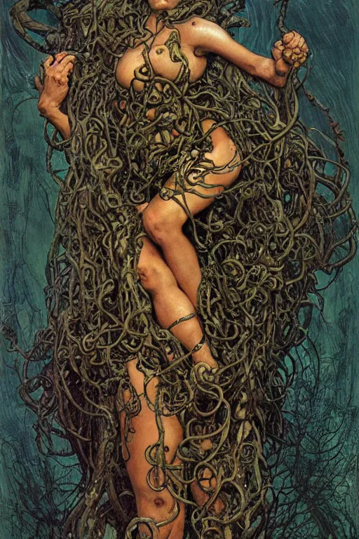 Image similar to full length portrait of insane medusa, dynamic, painted by lawrence alma tadema, zdzislaw beksinski, norman rockwell, jack kirby, tom lovell, alex malveda, greg staples, hand of fear, bbc, tv