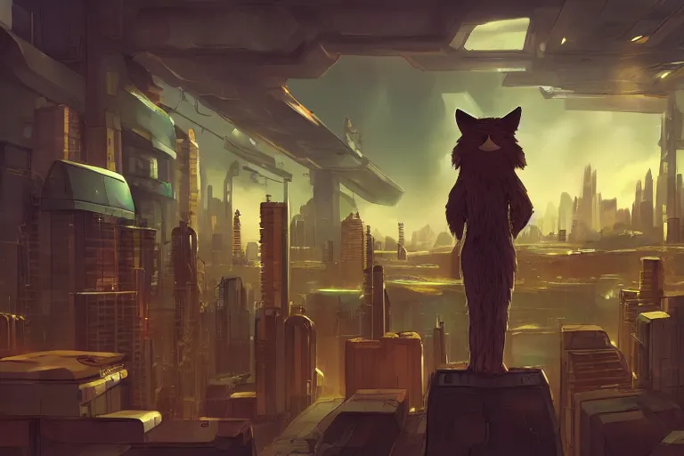 Image similar to an anthropomorphic fox with a fluffy tail staring over a futuristic city from the top of a roof, comic art, trending on furaffinity, cyberpunk, backlighting, cartoon