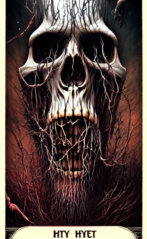 Image similar to bigfoot death tarot card, highly detailed, half skull face, cinematic, 8 k, by stanley artgermm, tom bagshaw, greg rutkowski, carne griffiths, ayami kojima, beksinski, giger, trending on deviantart, hyper detailed, horror, full of colour