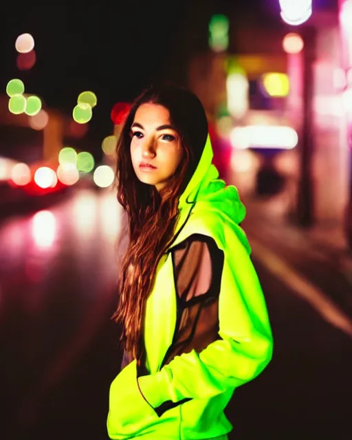 Image similar to a closeup portrait of as beautiful young woman wearing a transparent hoody standing in the middle of a busy night road, raining with lots on neon lights on the background, very backlit, moody feel, dramatic