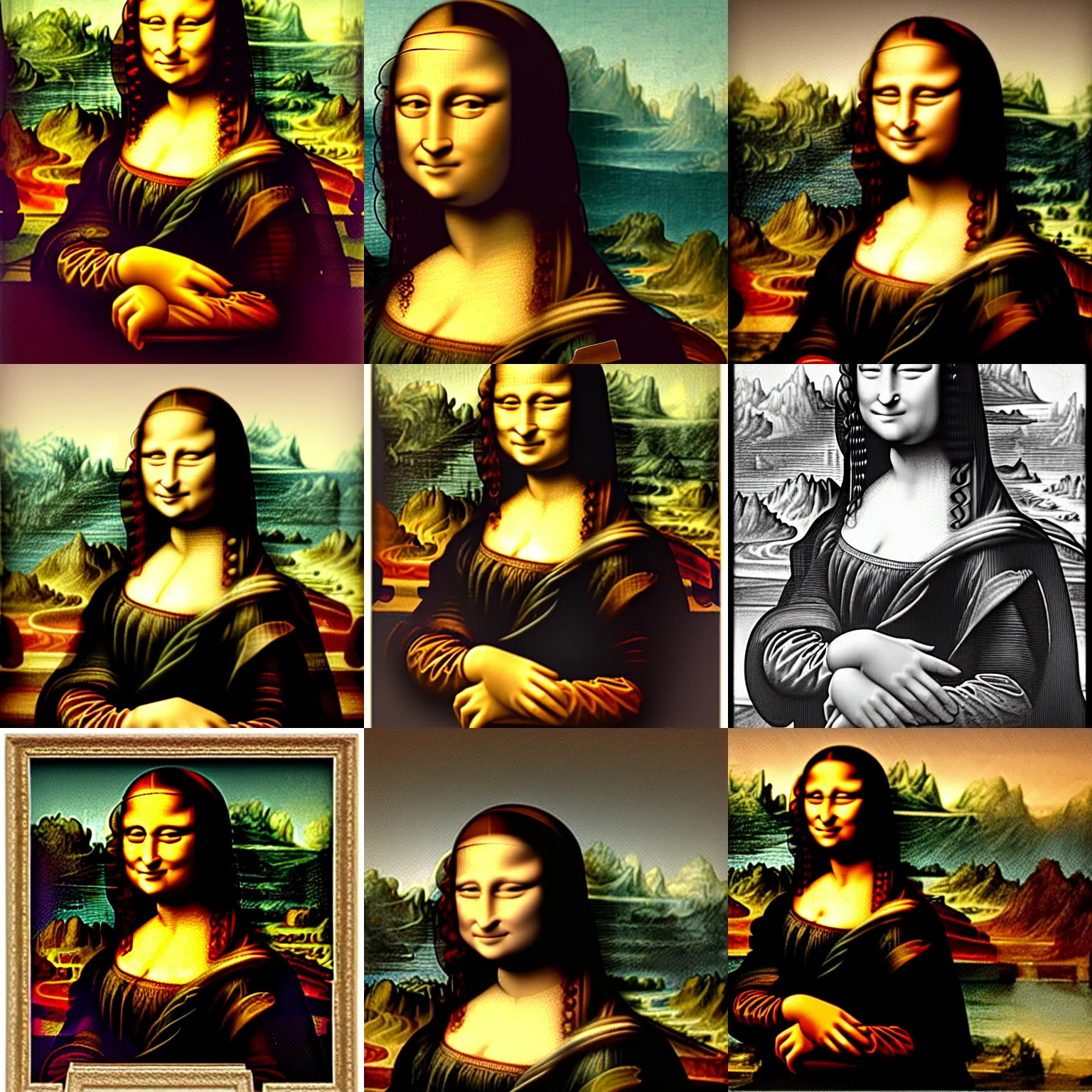 Prompt: mona lisa looking up with a surprised expression,