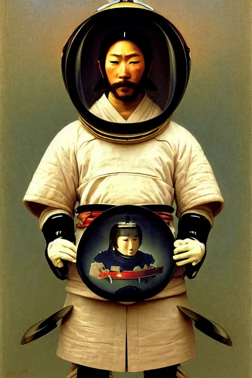 Image similar to portrait of samurai in astronaut helmets, by bouguereau