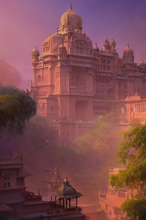 Image similar to old indian city with a breathtaking view of a magnificent maharajah palace at pink dawn, intricate, elegant, volumetric lighting, digital painting, highly detailed, artstation, sharp focus, illustration, concept art, ruan jia, steve mccurry