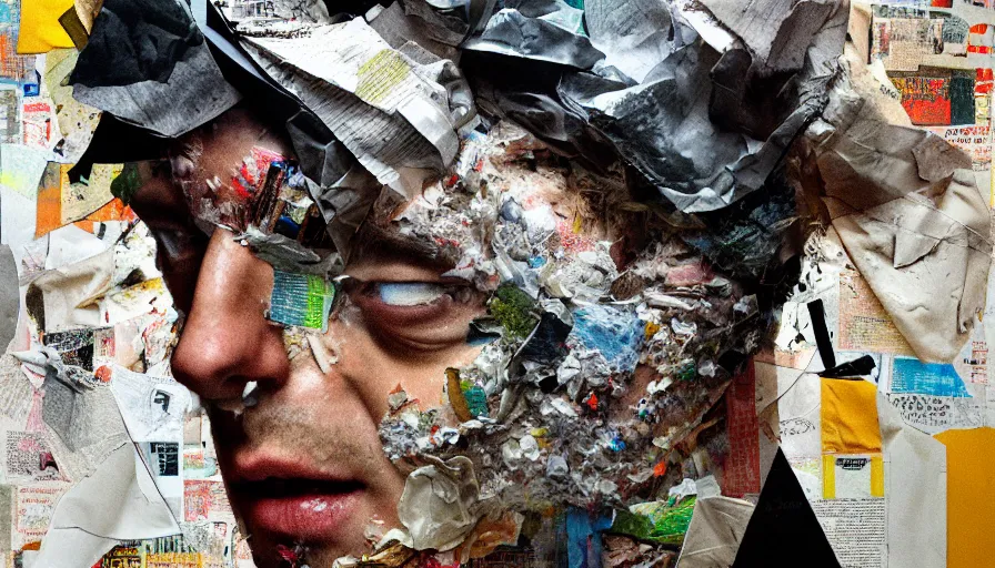 Image similar to rendered in blender slit - scan photography trash bag on his head and crumpled paper as a texture, collage paper and tape, acrylic on canvas, hyperrealism mixed with expressionism, high resolution, cinematic, unreal 6, breathtaking detailed, by blake neubert