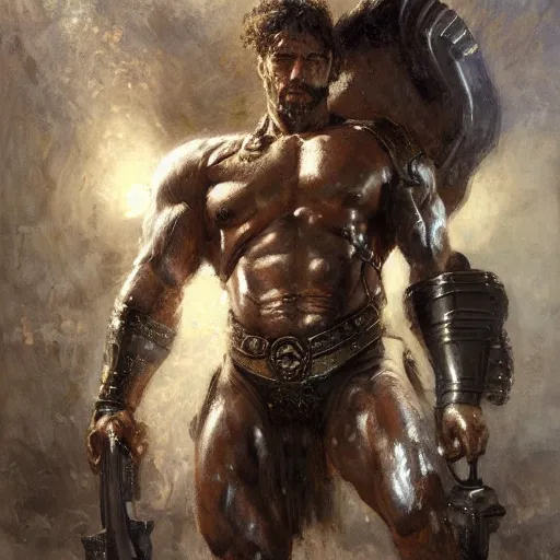 Image similar to handsome portrait of a spartan guy bodybuilder posing, radiant light, caustics, war hero, thick boots, metal gear solid, steel bull run, by gaston bussiere, bayard wu, greg rutkowski, giger, maxim verehin