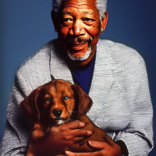 Prompt: Morgan Freeman holding a puppy for a 1990s sitcom tv show, Studio Photograph, portrait C 12.0