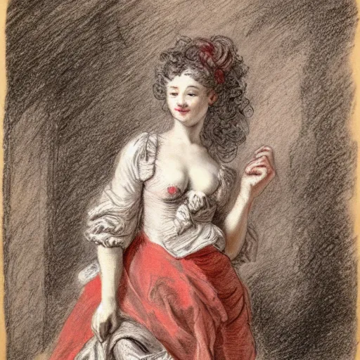 Image similar to Drawing of a woman, full body, clothed, François Boucher, red chalk, watteau