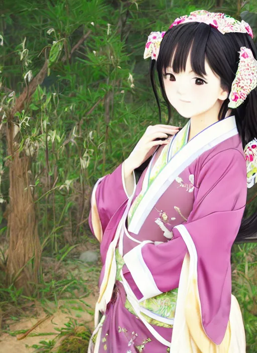 Image similar to beautiful seductive girl wearing hanfu, farm background, by kyoani in the style of shining resonance, by yuumei