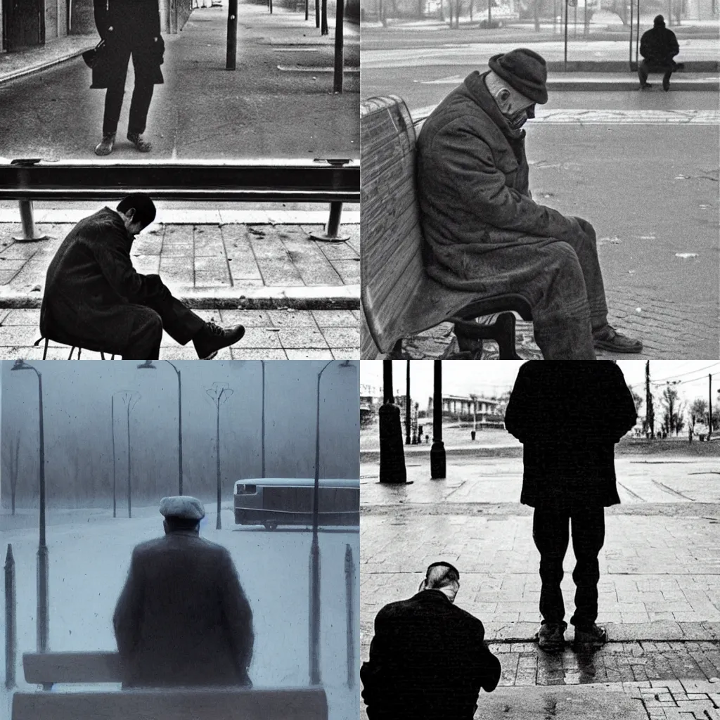 Prompt: lonely man waiting at the bus stop, rinat voligamsi