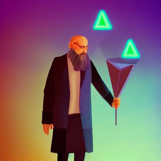 Image similar to Old mathematician with a beard holding a neon triangle in his hand , digital painting , digital art , artstation , devian art , HD , 4k