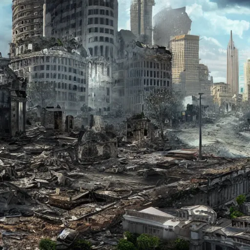 Prompt: big city in ruins, photo realistic, hyperrealistic,