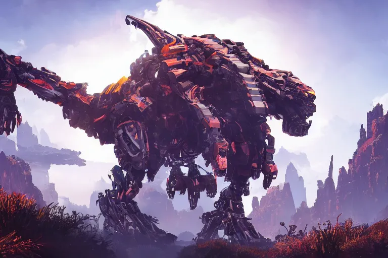 Image similar to ravager machine mecha animal beast robot of horizon forbidden west horizon zero dawn bioluminiscence global illumination ray tracing hdr fanart arstation by sung choi and eric pfeiffer and gabriel garza and casper konefal