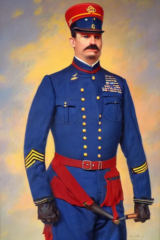 Image similar to full body portrait of the dictator of the oklahoma city thunder, 1 8 8 9, in full military garb, thunder blue, sunset, navy blue, oil on canvas by william sidney mount, trending on artstation