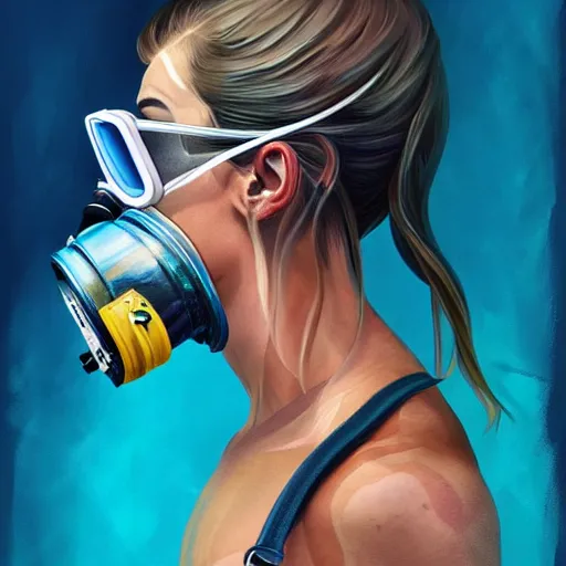 Image similar to diver with diving mask with tattoos on arm and neck, side profile in underwater, highly detailed, digital painting, artstation, concept art, smooth, sharp focus, illustration by Sandra Chevrier