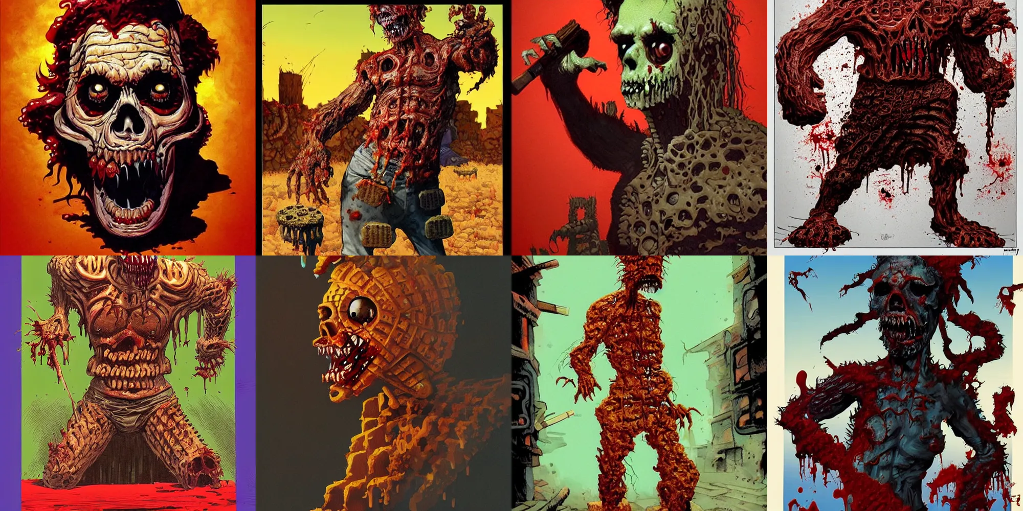 Prompt: a zombie made out of waffles and syrup, digital painting by Moebius and Frank Frazetta. Trending on artstation.